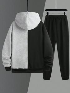 Ensemble de survêtement athlétique 2 pièces pour homme en coton 100 % : sweat à capuche bicolore avec cordon de serrage et pantalon de sport - Product Image 2