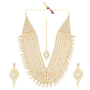 مجموعة مجوهرات لحفلات الزفاف مصنوعة من الكريستال المطلية بالذهب ، مجموعة مجوهرات زفاف هندية ، بيضاء