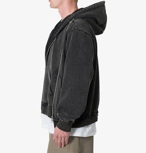 Sweats à capuche en coton éponge lavé 100% personnalisés pour hommes de haute qualité Vintage Distressed Acid Wash Zip-Up Design pour l'hiver - Product Image 4