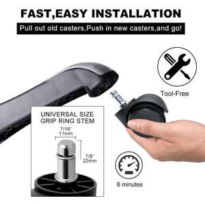 Roulettes modernes pour chaise de bureau (tiges de 10 mm et 11 mm) - 5 roulettes pivotantes robustes pour tous types de sols (noir) - Product Image 5