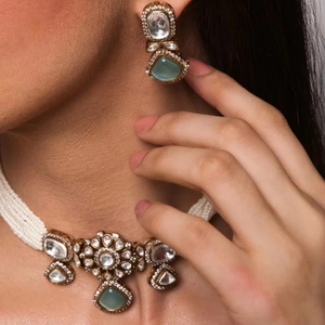 Elegante Juego de Aretes y Gargantilla Polki Kundan Chapados en Oro Antiguo, Joyería de Latón de Moda para Fiestas, Bodas, Aniversarios, Regalo - Product Image 2