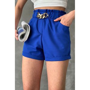Shorts de Cintura Alta con Cinturón Azul Saks para Mujer de Topshow, con Detalle de Anillo y Bolsillos, Ropa de Moda de Verano al por Mayor - Product Image 1