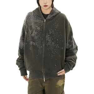 Sweat-shirt à capuche personnalisé pour femme avec logo, poche à épaule tombante ornée de strass, sweat-shirt à fermeture éclair pour homme - Product Image 3