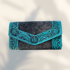 Cartera de cuero de vaca occidental con grabado floral, bolso de mano de piel con pelo, cartera larga hecha a mano para mujer, proveedor OEM - Product Image 1