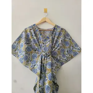 Kaftan en coton imprimé à la main, élégant et décontracté, robe longue pour femme, design tendance pour les sorties en club, Vinayakam - Product Image 5