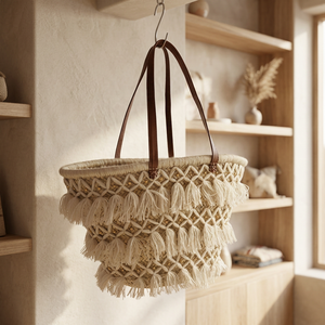 Cesta de Bambú Tejida a Mano con Borlas, Color Natural, Dos Asas de Cuero, Parte Superior Abierta, Cesto de Almacenamiento, Decoración para el Hogar - Product Image 1
