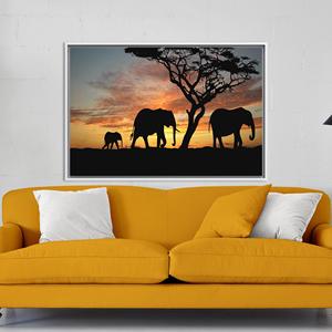 Elegant African Sunset Elephant Silhouette Printed <b>Canvas</b> Artwork,WHITE <b>FRAMED</b> <b>CANVAS</b> - Product Image 1
