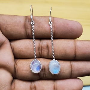 Handmade 925 Sterling <b>Silver</b> Moonstone Dangle <b>Earring</b> <b>Long</b> Chain <b>Earrings</b> Bohemian Vintage Style January Anniversary Gift - Product Image 3