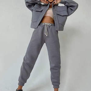 Ensemble de survêtement 2 pièces pour femme, couleur unie, haut court à manches longues, sweat-shirt décontracté, jogging, hiver 2026 - Product Image 3