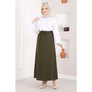 Khaki Straight Leather <b>Skirt</b> with Comfortable <b>Elastic</b> Waist Breathable Denim Fabric Formal Style Pocket Detail Slit Decoration - Product Image 1