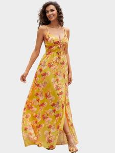 Exclusif été jaune femmes taille Empire Floral col en V profond Spaghetti sangle a-ligne imprimé sans manches bohème longue robe - Product Image 3