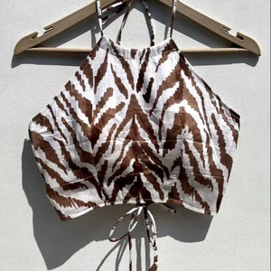 Femme Vintage Fit Crop Top Blanc Marron Abstrait Croix Coton Broderie Halter Respirant Tricoté Regular Fit Animal - Product Image 1