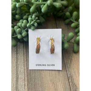 Navajo Made Geometric Opal & <b>Sterling</b> <b>Silver</b> Hoop Post <b>Earrings</b> - Product Image 1