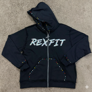 Sudadera con Capucha Negra Rexfit para Hombre, con Cierre, Logotipo Estampado en el Pecho y Adornos de Piedras Preciosas |   Sudadera con Capucha Premium de Invierno para Ropa Urbana - Product Image 6