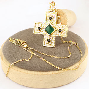 Trendy jewelry green onyx with <b>black</b> cz <b>cross</b> pendant <b>necklace</b> 18k gold plated texture brass metal statement <b>necklace</b> for women - Product Image 5
