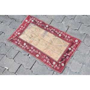 Turkish Vintage Small Rug 1.4x2.4 ft, <b>Red</b> Abstract Rug <b>Wool</b> - Product Image 2