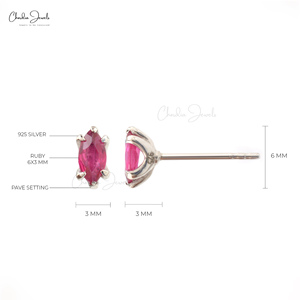 Classic 925 Sterling Silver Marquise Cut Natural Ruby <b>Earring</b> 6x3mm Studs Push <b>Back</b> Closure Featuring Gemstone Pearl Best Price - Product Image 2