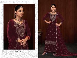 Vêtements ethniques indiens pakistanais élégants pour femmes Pure 9000 Velvet Kurti Agrémenté Chinon Dupatta Pantalon Glamour sans effort Rich - Product Image 3