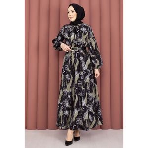 Women's Patterned Black Scarf Collar Hijab Dress Chiffon Fabric with Natural Waistline A-Line Silhouette - Product Image 4