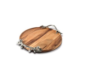 <b>Round</b> Shape Wooden <b>Serving</b> <b>Tray</b> With Aluminum Designer Handle With Nickle Polished Wooden <b>Serving</b> <b>Tray</b> - Product Image 1