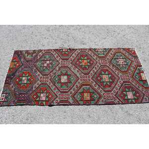 Tapis Kilim turc vintage 2,7x5,8 pi (83x177 cm), tapis en laine rouge uni - Product Image 3