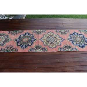 Alfombra Turca de 2,6x12,8 pies, Alfombra Vintage Tipo Runner, Alfombra de Lana con Camuflaje Rosa y Azul - Product Image 3