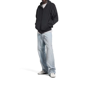 Custom Men's Reversible Boxy Fit <b>Black</b> Grey Casual Retro Contrast Hem High Quality French Terry <b>Fabric</b> Zipper Hoodie - Product Image 1