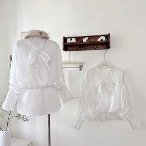 Ensemble haut et jupe courte en mousseline de soie blanche de qualité supérieure, manches longues, pour tous les jours - Product Image 3