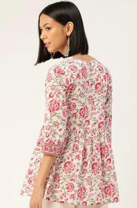 Indian Cotton Womens Kurti White & Pink Floral Kurti <b>Top</b> Hand Block Print Womens Short Cotton Printed <b>Top</b> - Product Image 3