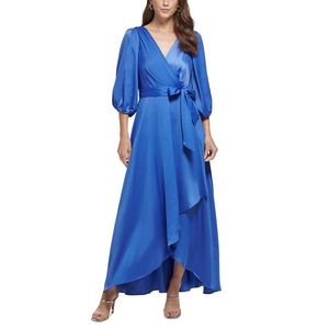 Abito da sera DKNY da donna, comodo, con maniche a 3/4, cintura e finto avvolgimento, in raso blu, linea ad A, vita naturale, taglie dalla XS alla XL - Product Image 1