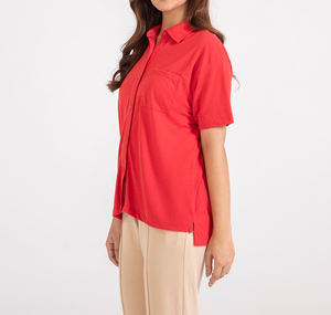 Camiseta Clásica Roja de Manga Corta con Botones para Mujer, Camiseta Personalizada de Moda, Ropa de Alta Calidad, Ajuste Holgado, Ropa Casual de Verano - Product Image 3