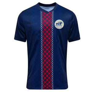 Maillot de football bleu et rouge à motif géométrique, respirant, 100 % polyester, col en V, personnalisable avec le nom de l'équipe - Product Image 1