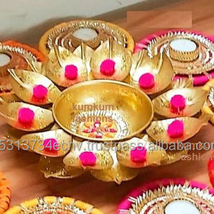 Decorative Golden Flower Style Urli with 9 <b>Candle</b> <b>Holder</b> or Center Decor Wedding Decor Lotus Style <b>Brass</b> Urli Ragoli - Product Image 1