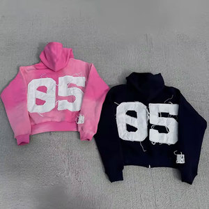 Sweat-shirt unisexe rose à capuche courte, fermeture éclair sur le devant, broderie lettres effet usé, coupe oversize, style décontracté, collection automne - Product Image 4