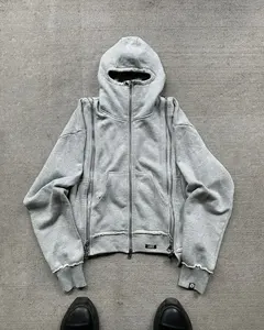 Double Zip No Drawstring Hoodie Oems Sudaderas con cremallera Black Zip up Hoodie - Product Image 3