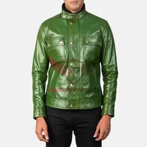 Men's Leather Biker Jacket Customized Sizing, Wholesale Pricing, Fashionable Green Cow Hide Design Premium Quality
