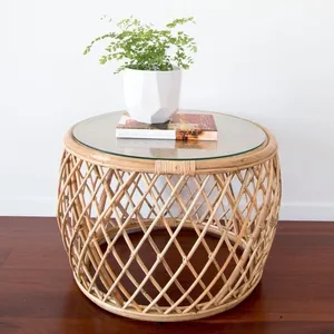 Round Handmade Rattan Coffee Table Tempered Glass Top Wood Coffee Table Living Room Caned Rattan Wicker Coffee Tables Outdoor