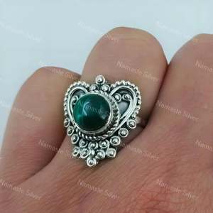 925 Sterling Silver Malachite <b>Ring</b> Handmade Boho <b>Statement</b> Jewelry with Round Gemstone Inlay Gift for Women - Product Image 3