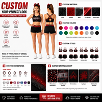 Ensemble de soutien-gorge de cheerleading personnalisé noir et rouge dégradé avec strass, multi-bretelles, dos en X, découpe goutte d'eau, pour entraînement