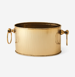 Hielera ovalada de lujo con diseño acanalado dorado y asas redondas para botellas frías. Disponible a precios de mayoreo. - Product Image 1