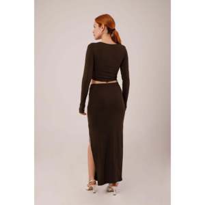 LUSTRIN Women's Wholesale Brown Square Neck Blouse and Slit Detail Skirt Two-Piece Set for Casual Wear - Product Image 5