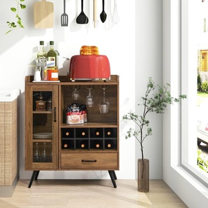 Meuble Bar en Bois Style Mid-Century Moderne, Meuble à Liqueurs Autoportant, <span class=keywords><strong>Buffet</strong></span> avec Casier à Vin et Porte Vitrée – Vente en Gros - Product Image 1