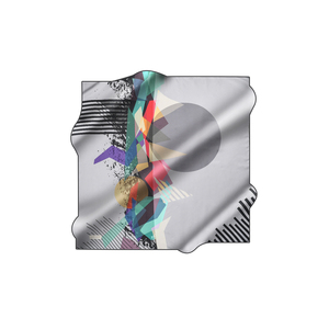 Grey Crepe Satin Silk Scarf with Square Geometric Pattern - Product Image 1