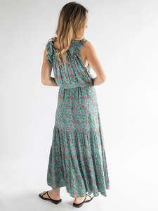 Robe Maxi imprimée en rayonne bohème pour femmes, longueur midi décontractée attrayante avec col en V et manches longues, décoration de boutons tissés - Product Image 6