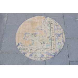 พรมวินเทจทรงกลมสไตล์ตุรกี ขนาด 2.3x2.3 ฟุต สีน้ำเงินน้ำตาลลายพราง ทำจากขนสัตว์ - Product Image 1