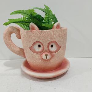 Vaso per Piante in Ceramica Fatto a Mano Design Gufo Verde Decorativo con Sottovaso per Succulente Regalo per Casa e Giardino - Product Image 2