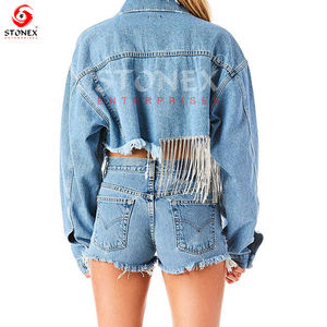 Premium Quality Cropped Denim Blue Jacket <b>for</b> <b>Women</b> Custom Made <b>Short</b> Length <b>Jean</b> Jacket Cotton Filling Breathable Finished - Product Image 2