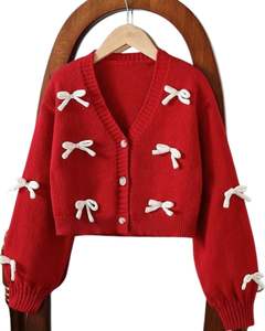 Manufacturer Custom <b>Women</b> <b>Red</b> Cropped Knit <b>Cardigan</b> Sweater With White Bow Applique V Neck Button Front Cute Winter Fashion Top - Product Image 1