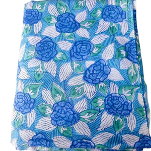 Blue Rose Floral Quilting Hand Block Print Cotton Fabric for Sewing Kid's Dresses Loose Craft & Handmade Yard Throw - Product Image 1