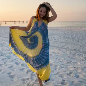 Vestido Largo Maxi de Playa para Mujer, Diseño de Diseñador, Amarillo, Espalda Descubierta, Teñido Anudado a Mano, al Precio Más Bajo - Product Image 2